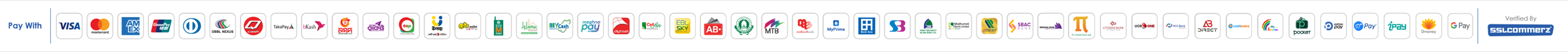 Pay with Visa, Mastercard, American Express, bKash, Nagad, Rocket and 40+ Bangladeshi banks and wallets — payments verified by SSLCommerz