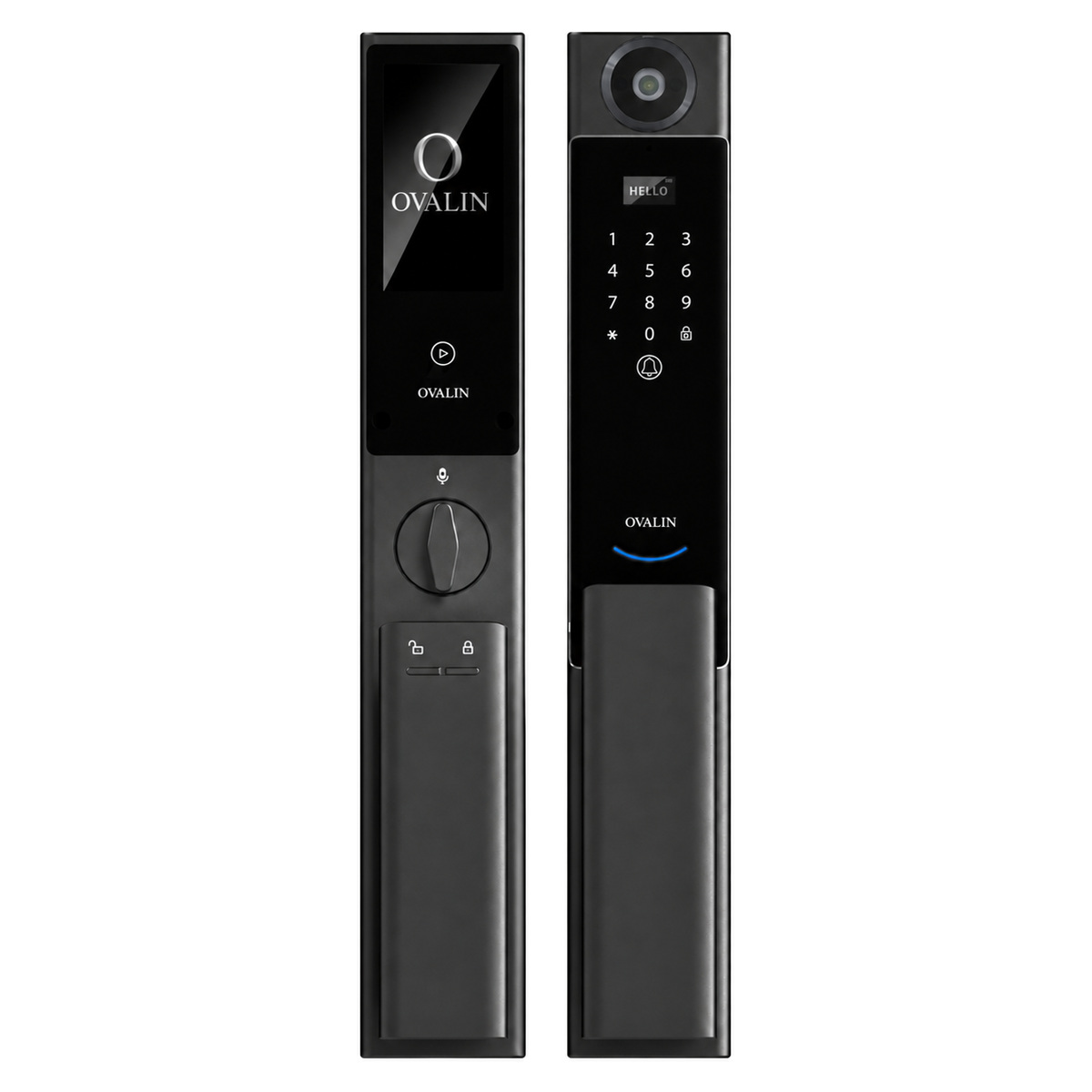Ovalin Edge Integrated Camera Smart Door Lock, interior and exterior panels; single exterior camera with night vision